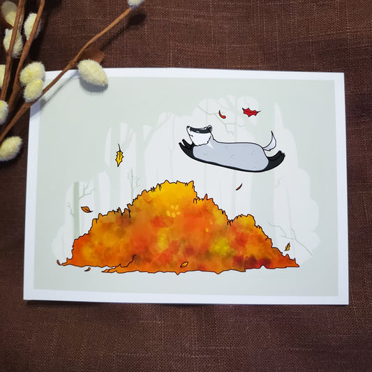 5x7 Badger Leaping into Fall Leaves Art Print